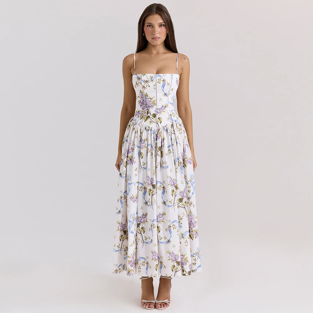 Mingmingxi Summer Floral Print Dress Elegant Arrivals Spaghetti Strap Flare Maxi Holiday Party Dresses Women 260611