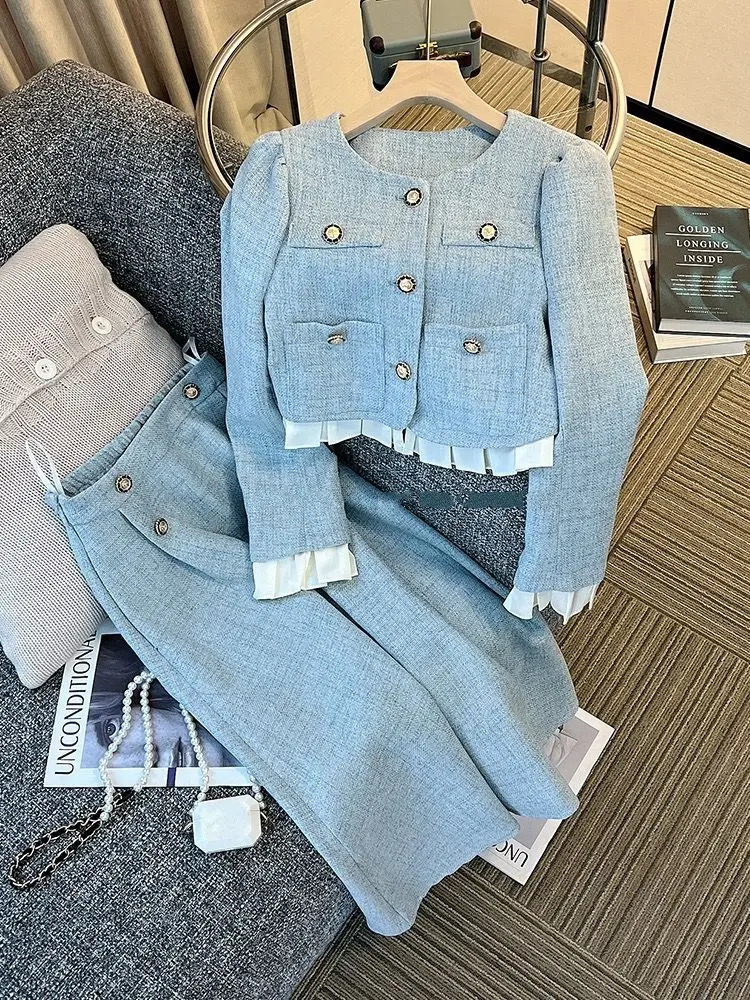 Womens Blue Long Suit Coat Mini Skirts Outfits Korean Spring Autumn Tweed Short Jacket High Waist Half Skirt Two Piece Sets 260609BANJIABANJIA
