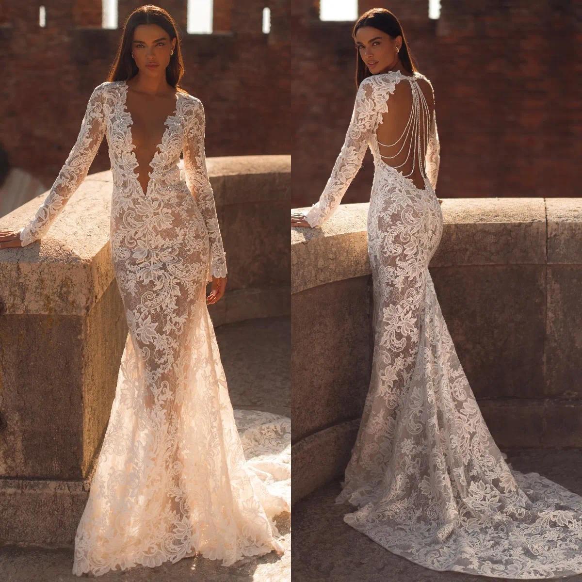 Berta Lace Mermaid Dresses V Neck Pearls Back Tassels Wedding Dress Sweep Train 3D Floral Appliques Lace Bridal Gowns