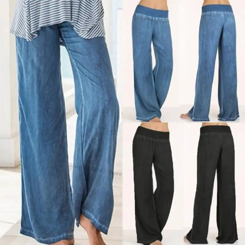 Womens Summer Wide Leg Casual Loose Baggy Jeans Pant Color Elastic Middle Waist Lightweight Thin Denims Trousers 260609