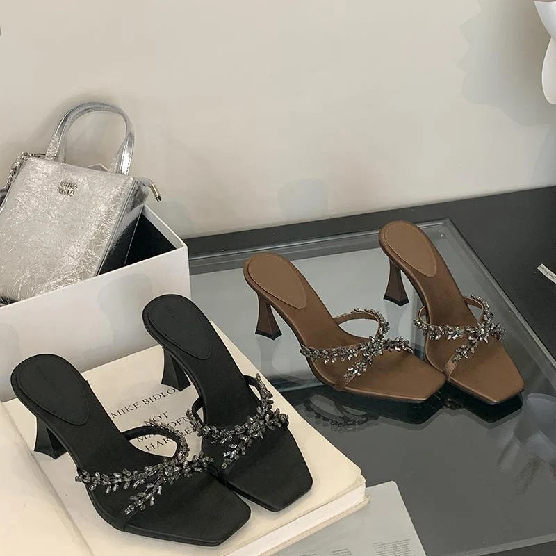 Summer Womens High Heel Slippers Fashion Crystal Open Toe Slides Elegant Outdoor Evening Party Shoes 260612