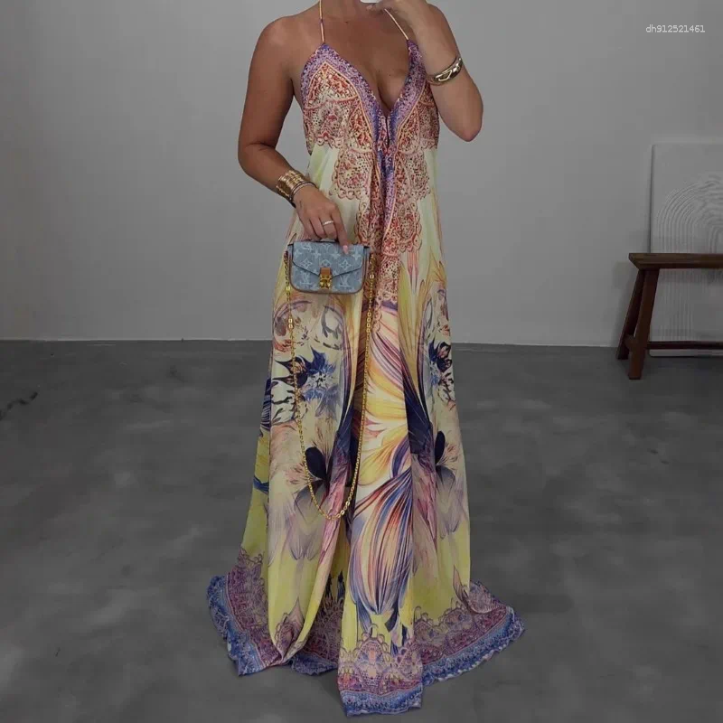Casual Dresses Bohemian Print Halter Women Maxi Dress V-Neck Sleeveless Long Elegant Beach Party Sundress For Summer Vacation