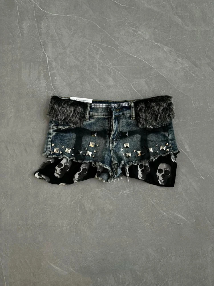 Americano Vintage Rivetto Scuro Pantaloncini di Jeans Splicing Teschio Remake Punk Slim Fit Aderente Y2k Retro Donna Streetwear Primavera Estate 260