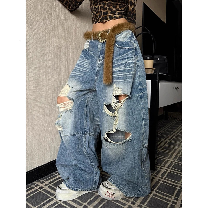 ZHIZOU Women Blue Baggy Y2k Ripped Jeans Hip Hop Grunge Wide Jean Pants Vintage 2000s Harajuku Denim Trousers Clothes Summer 260609