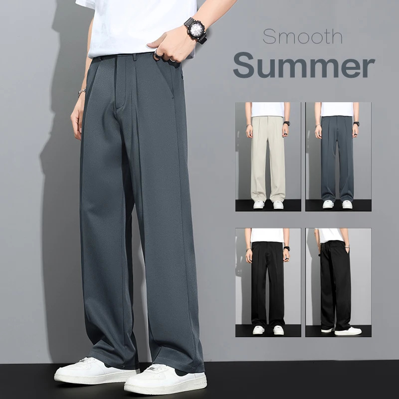 Mens 2026 Summer Korean Style Loose Straight Leg Draping Lightweight Casual Pants Slacks Khaki Dark Gray Black Trousers Male 260612