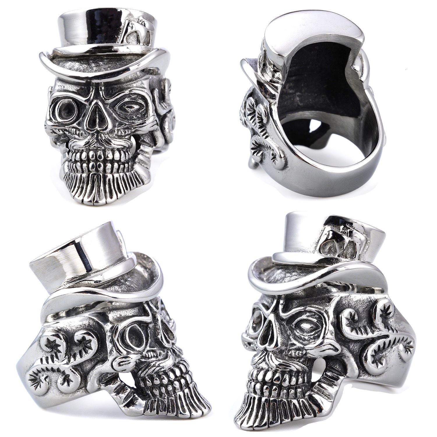 High quality New European and American men's retro stainless steel ring, gentleman's skull with hat, punk style ring