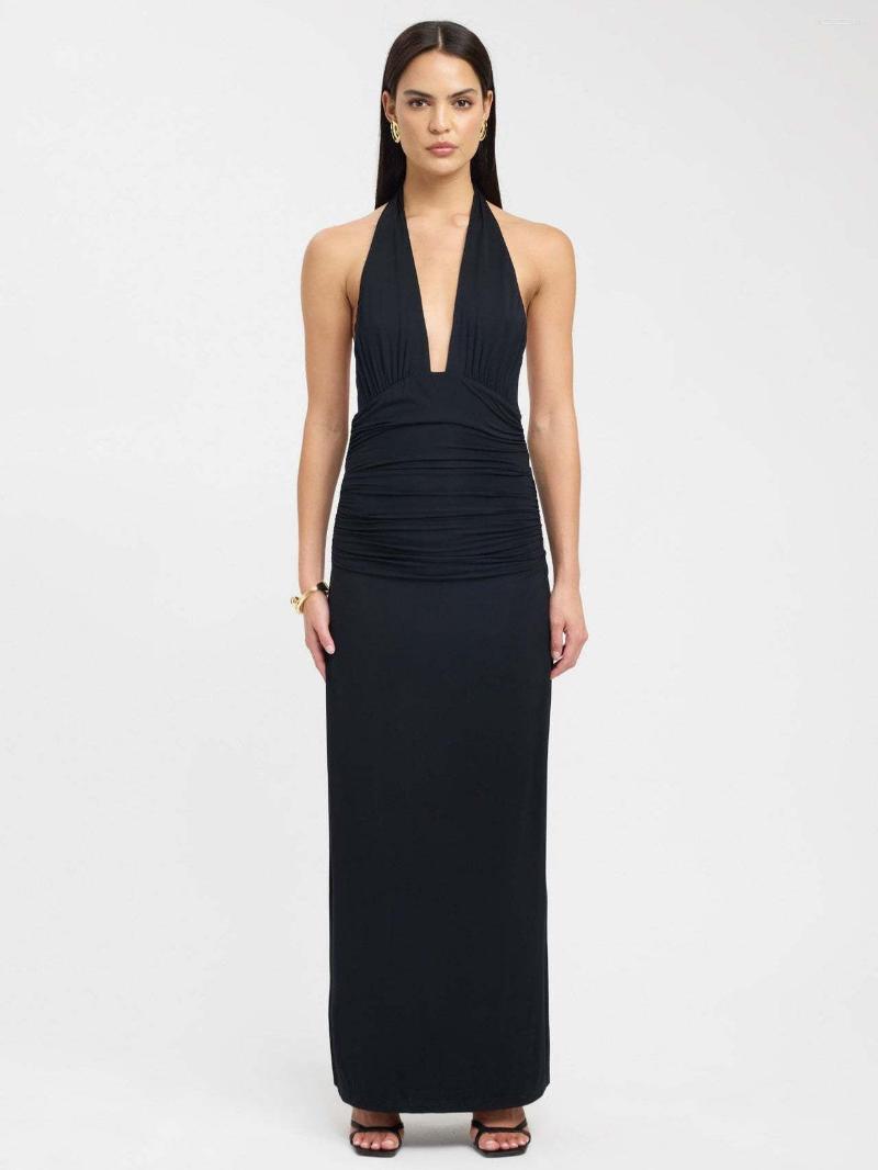 Casual Dresses 2026 Summer European And American Cross-border Sexy Neck Deep V-Strap Backless Slim-Fit Split Solid Color Dress