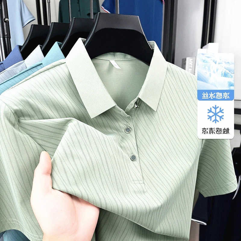 Mens Fashion Ice Silk Shirt Cool Touch Fabric With Diagonal Line Print Short Sleeve For Business M260612