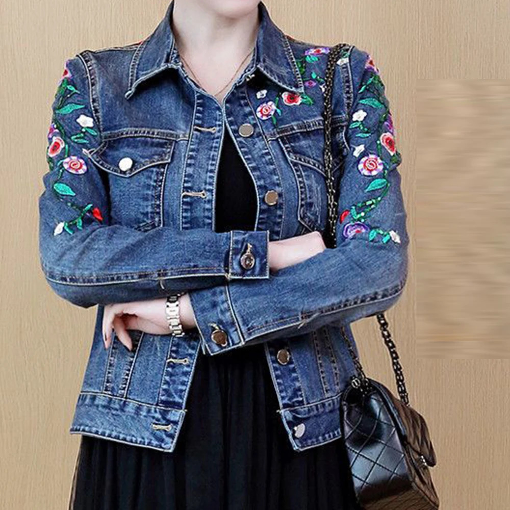 Embroidered denim jacket womens short spring and autumn versatile elastic slim denim jacket Korean version jacket top 260609