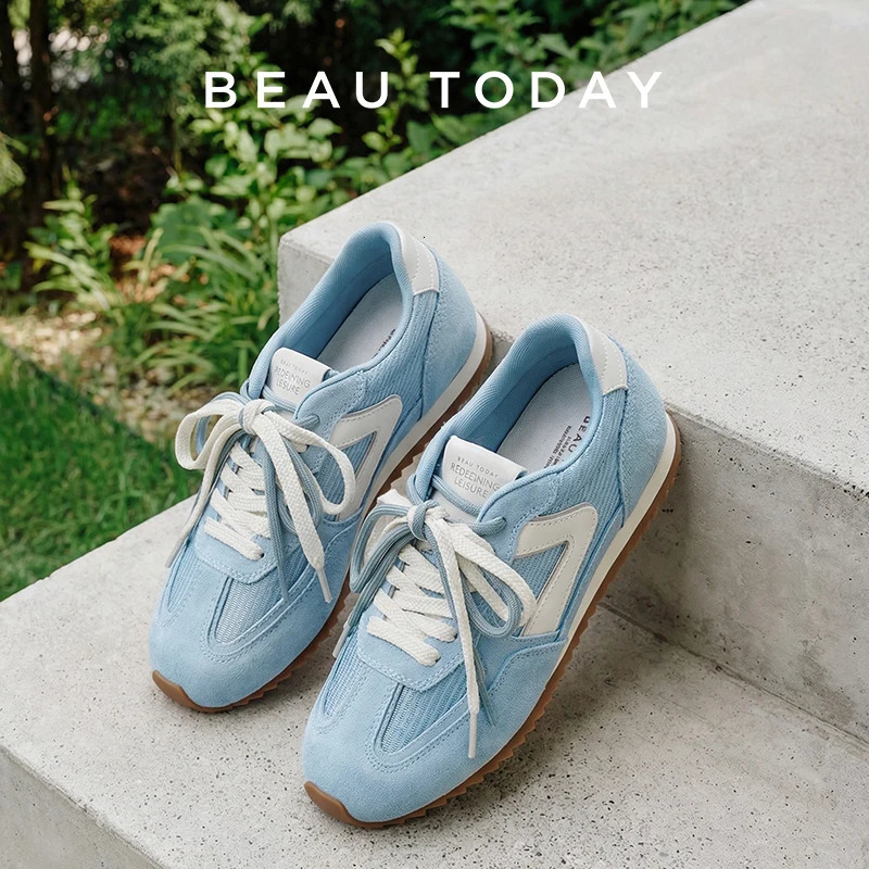 BEAUTODAY Casual Sneakers Cow Suede Leather Solid Color Round Toe Air Mesh Outdoor Trainers LaceUp Ladies Shoes Handmade 29995 260611