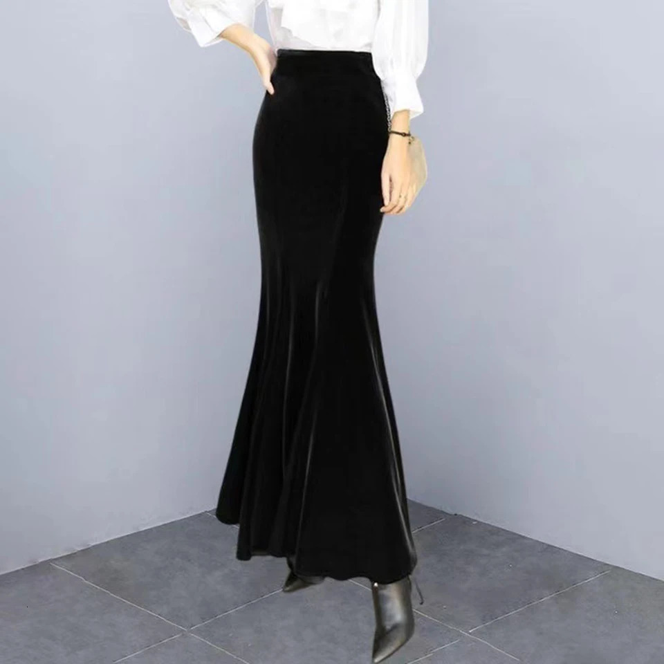 Womens Velvet Skirt Fashion Slim Mermaid Solid Color High Waist Long Ladies' Sexy Elegant 260603
