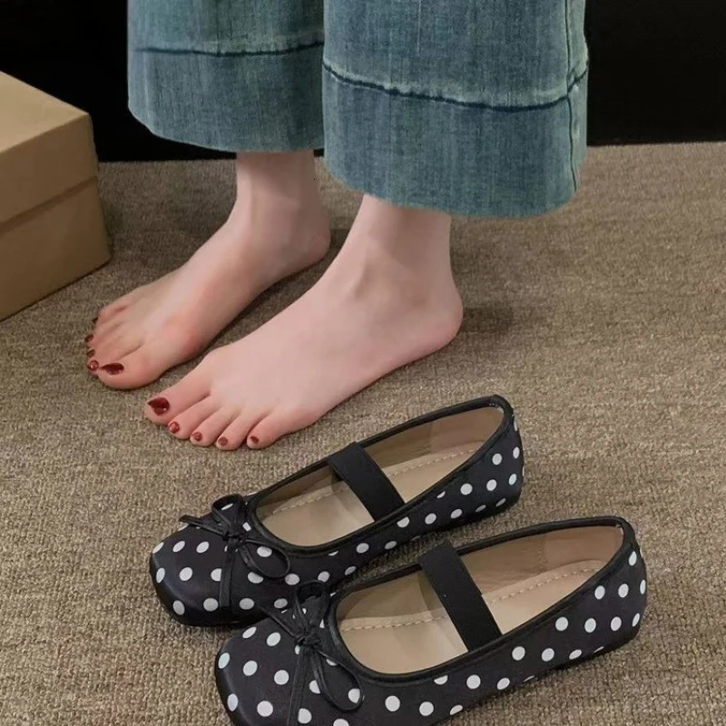 Polka Dot Mary Jane Flats Women Bow Ballet Shoes Summer Soft Leather Flat Shoes Elastic Strap Square Toe Casual Loafers 260612