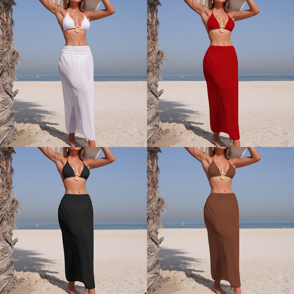 Free shipping In stock 2026 new style solid color mesh long skirt fashion sexy swimsuit women's bikini three-piece set swimwear
