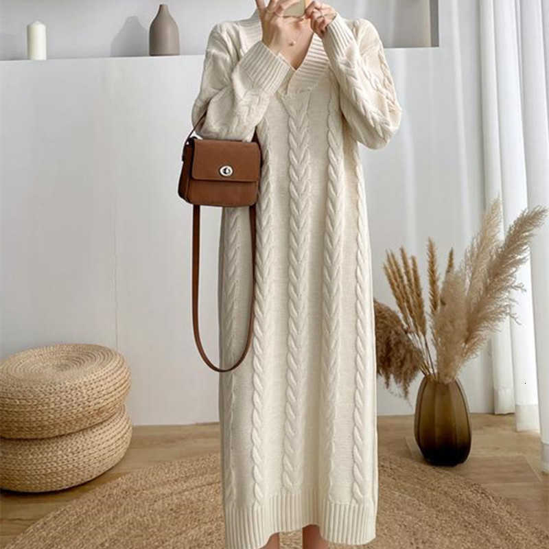 Dresses Casual Casual V-Neck Loose Solid Autumn Winter Sweater Dress Long Dress Elegant Robe Sweater Bottoming Dress S260612