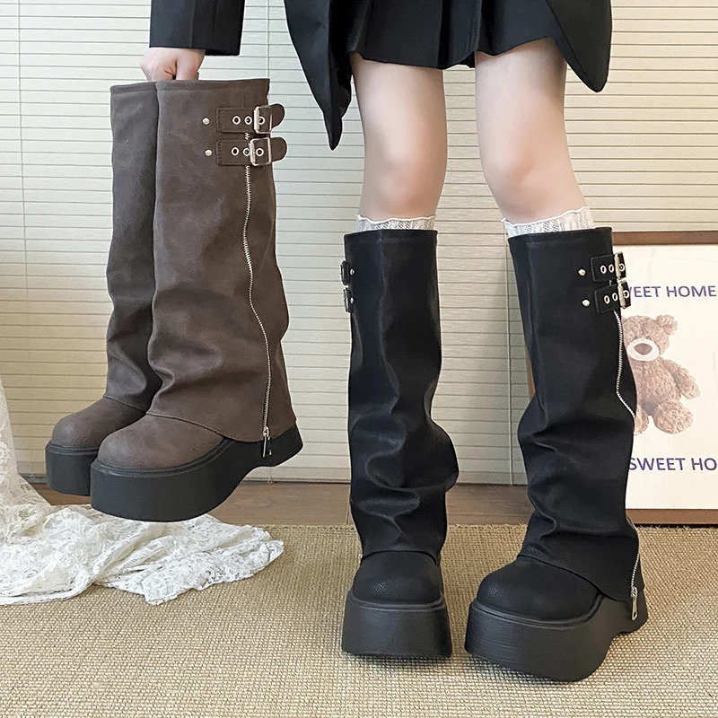 Botas altas de caballero de estilo grueso para mujer, zapatos de tacón de plataforma con hebilla de cinturón, botines largos de suela gruesa para ot