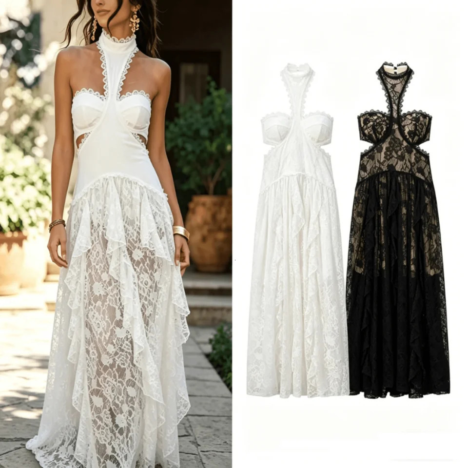Women Sexy See Through Lace Dress Summer Hollow Out Sleeveless Halter Party Club Long Evening Gown Vacation Dress for Lady 260611