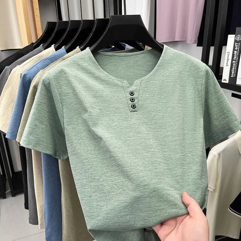 Button 2026 New Mens Three Henley Tee Comfortable Heather Fabric Short Sleeve For Summer And Daily Activities M260612