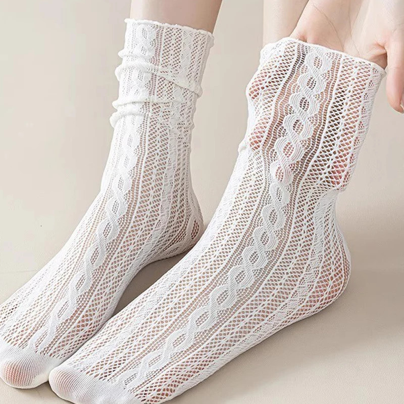 Japanese Kawaii Girls Cute Socks Spring Summer Mesh Hollow Out Women Socks Solid Color Female Harajuku Retro Vintage Long Socks 260612