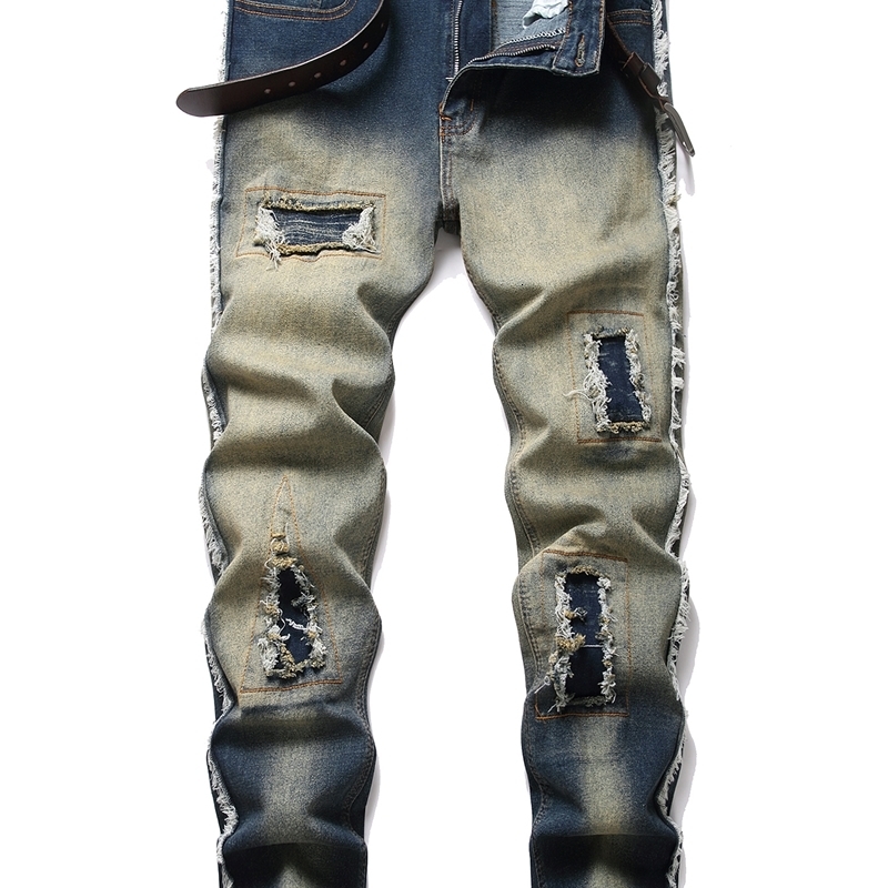 Stylish Mid Stretch Slim Fit Jeans Men's Waist Distressed And Ripped Denim With Tassels For All Seasons Street y260603