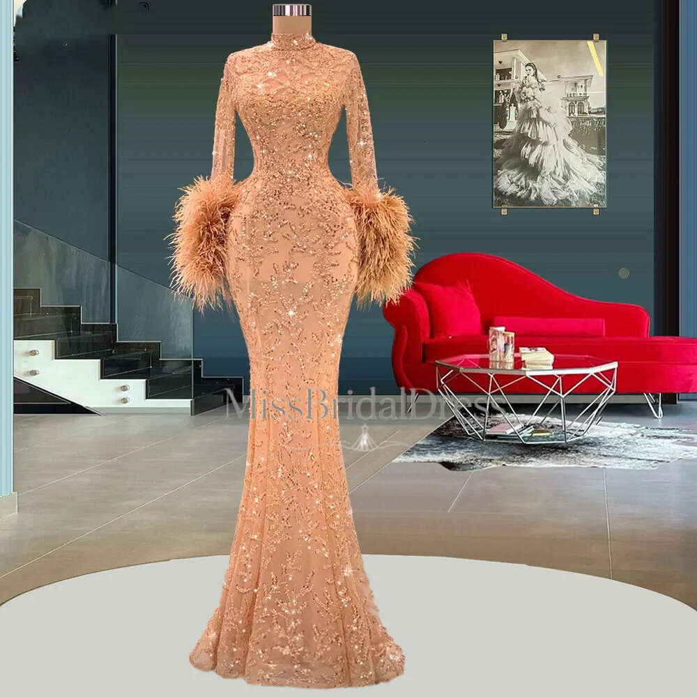 Champagne Mermaid Prom Dresses Long Sleeves High Neck Lace Hollow Feather Appliques Sequins Shiny Floor Length Evening Gowns Plus Size Custom Made T