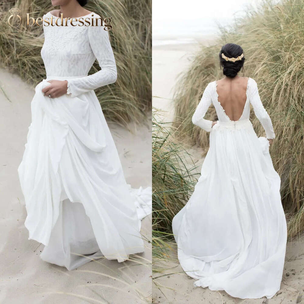 Cheap Simple Long Sleeves Wedding Dresses A Line Bridal Gowns Chiffon Backless Plus Size Custom Made Bd612