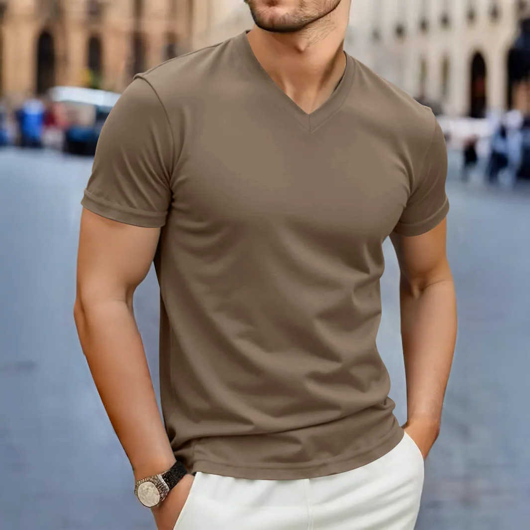 Fashion 2025 Casual New Mens Simple V-neck Short Sleeved T-shirt Summer Comfortable Breathable Versatile Top M260612