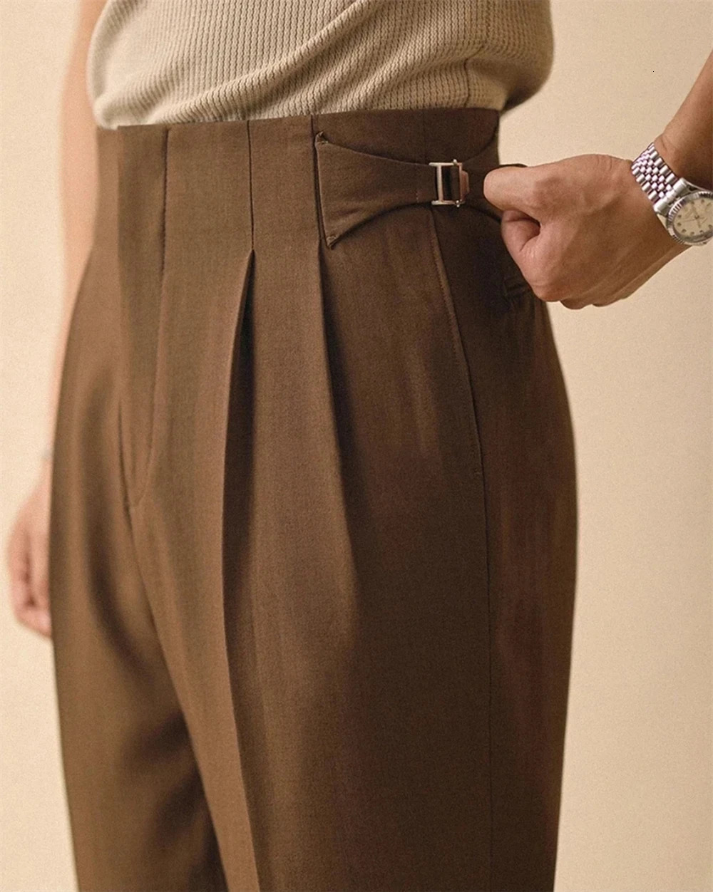 Men Summer Straight Pants Paris Button Non Ironing Loose Fitting Business Naples Casual High Waist Office Trousers 260612