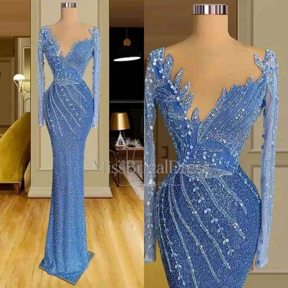 Blue Column Prom V Neck Long Sleeve Floor Length Lace Design Appliques Sequins Beading Celebrity Evening Dresses Plus Size Custom Made L24743 Mb612