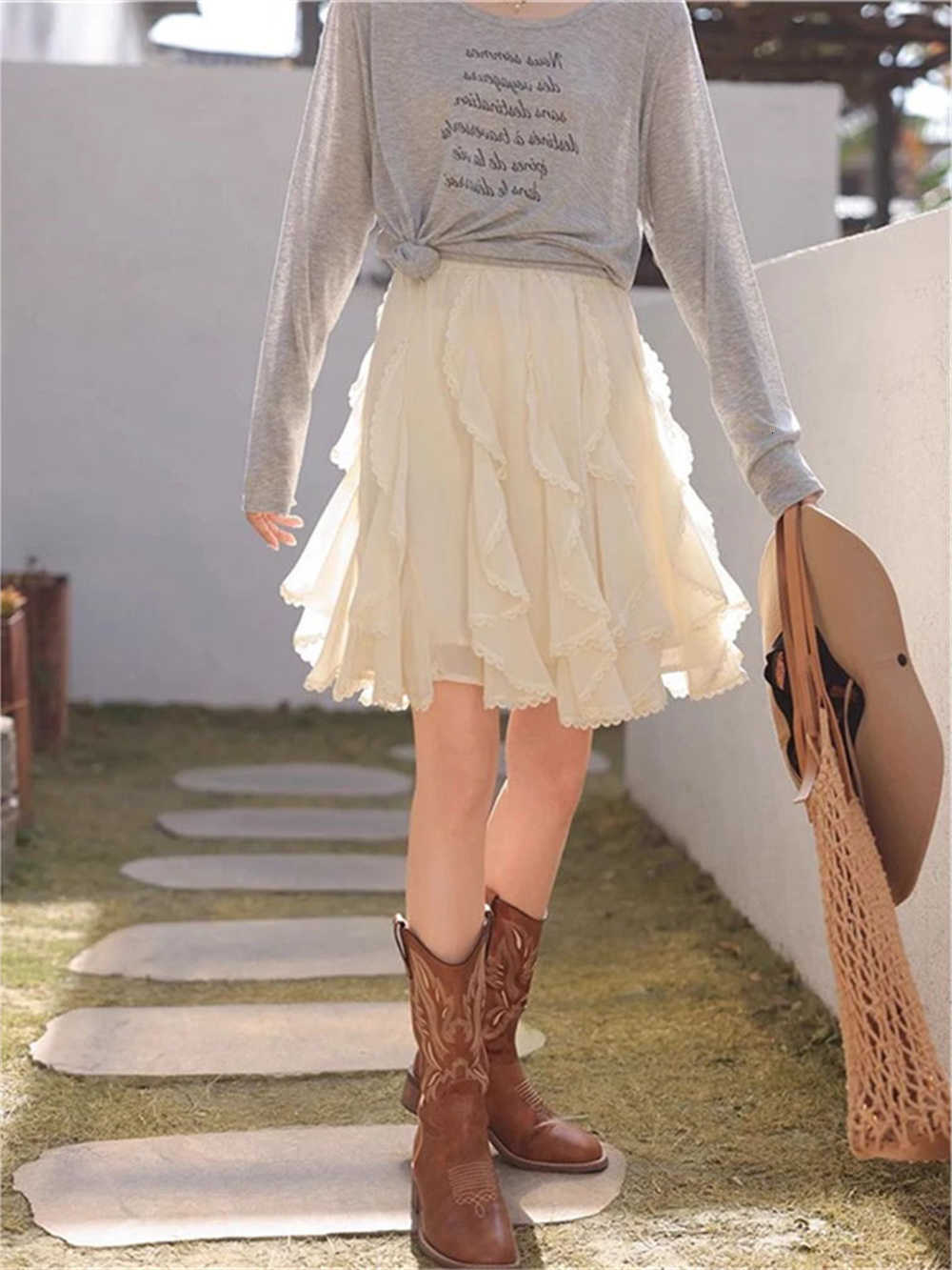 Korean Sweet Irregular Tulle Chiffon Skirt Summer Women Fairycore Elegant Lace Ruffle Pleated Skirts Vintage Layered Tutu Skirts M260612