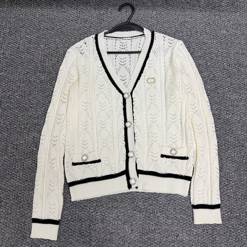 Luxury Woman Preppy Knit Cardigan Elegant Long Sleeve Hollow Out Rhinestone Top Spring Summer School Date Daily Outfits