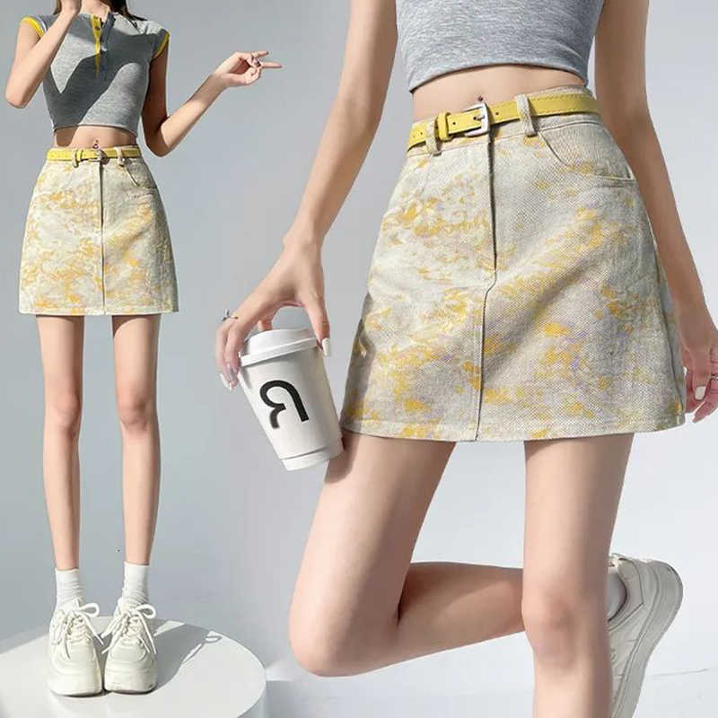 Lady Chic Fashion High Summer Waist A-line Denim Skirt Women Yellow Floral Thin Mini Dresss Korean Elegant Denim Skirt M260612
