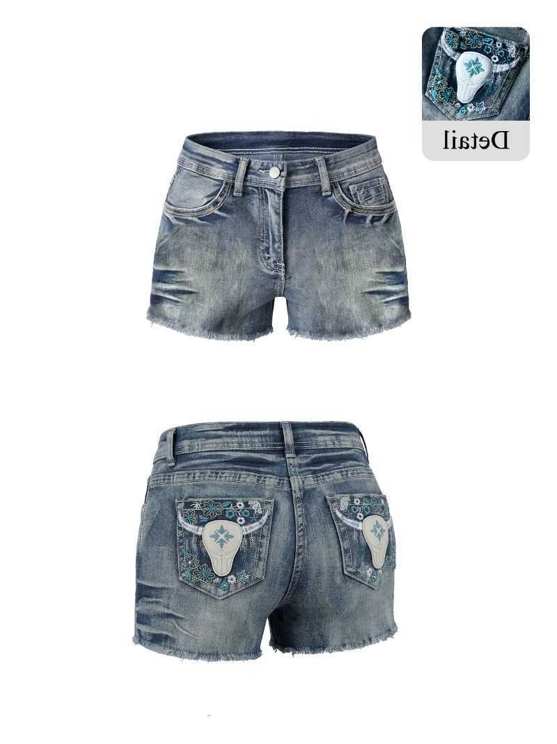 Vintage Denim Shorts Y2K Women Washed Low Rise Bull Head Embroidered Raw Hem Hot Pants Streetwear Western Cowboy Style Summer M260612