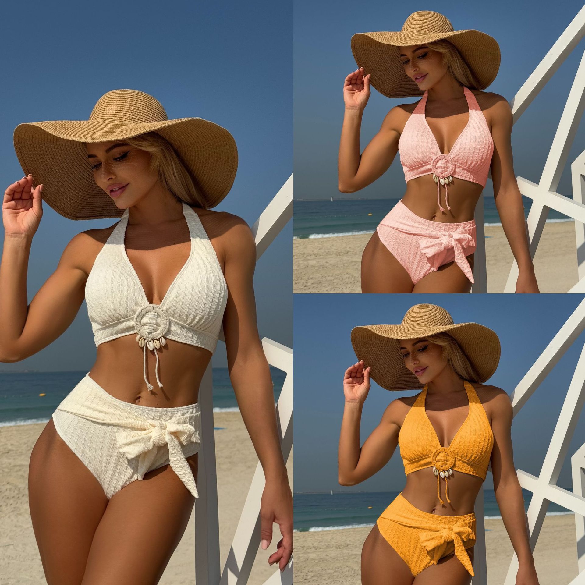 Free shipping 2026 New Style Fresh Shell Beach Special Fabric High Waist Two-Piece Swimsuit