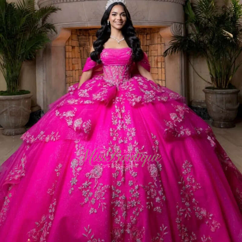 Rosa rosso lucido abiti Quinceanera abito da ballo con spalle scoperte paillettes applique perline di pizzo fiocco tull corsetto festa di compleanno