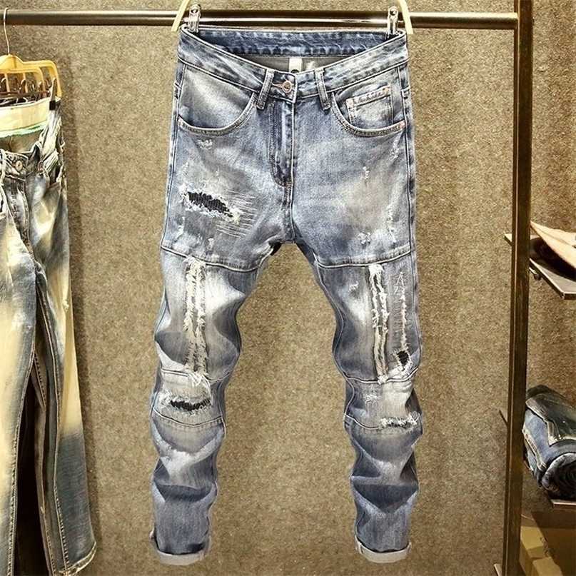 Mens SpringSummer Classic Trend Tear Jeans Casual Elastic Comfortable High Quty Trousers S260612
