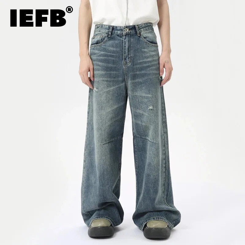IEFB American Style Mens Denim Pants Washing Fashion Loose Straight Trousers Casual Wide Leg Jeans Summer 9C6303 260612