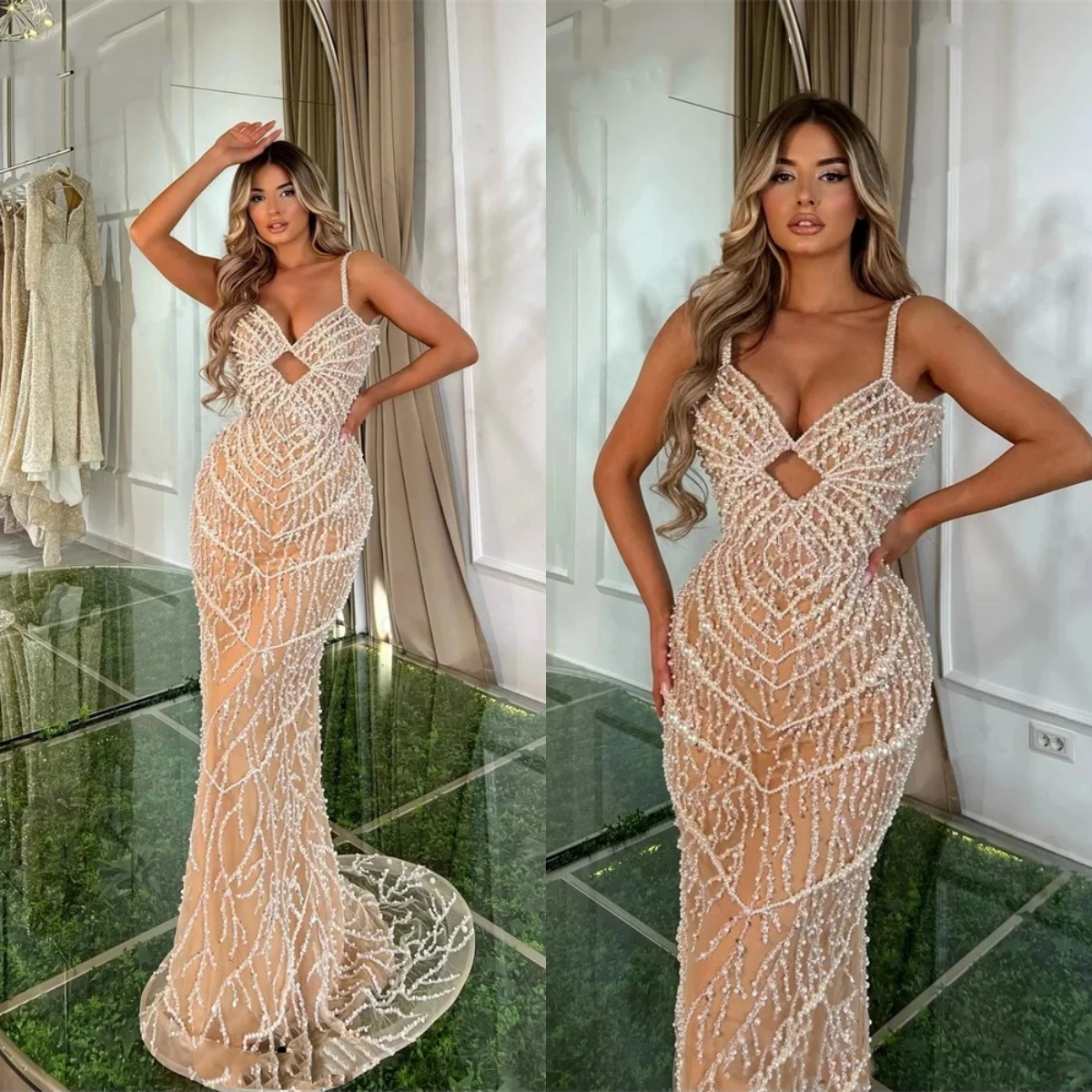 Exquisite Mermaid Evening Dresses Spaghetti Straps Sleeveless Gown Sequins Beaded Sweep Train Dress Party Customized vestidos de novia