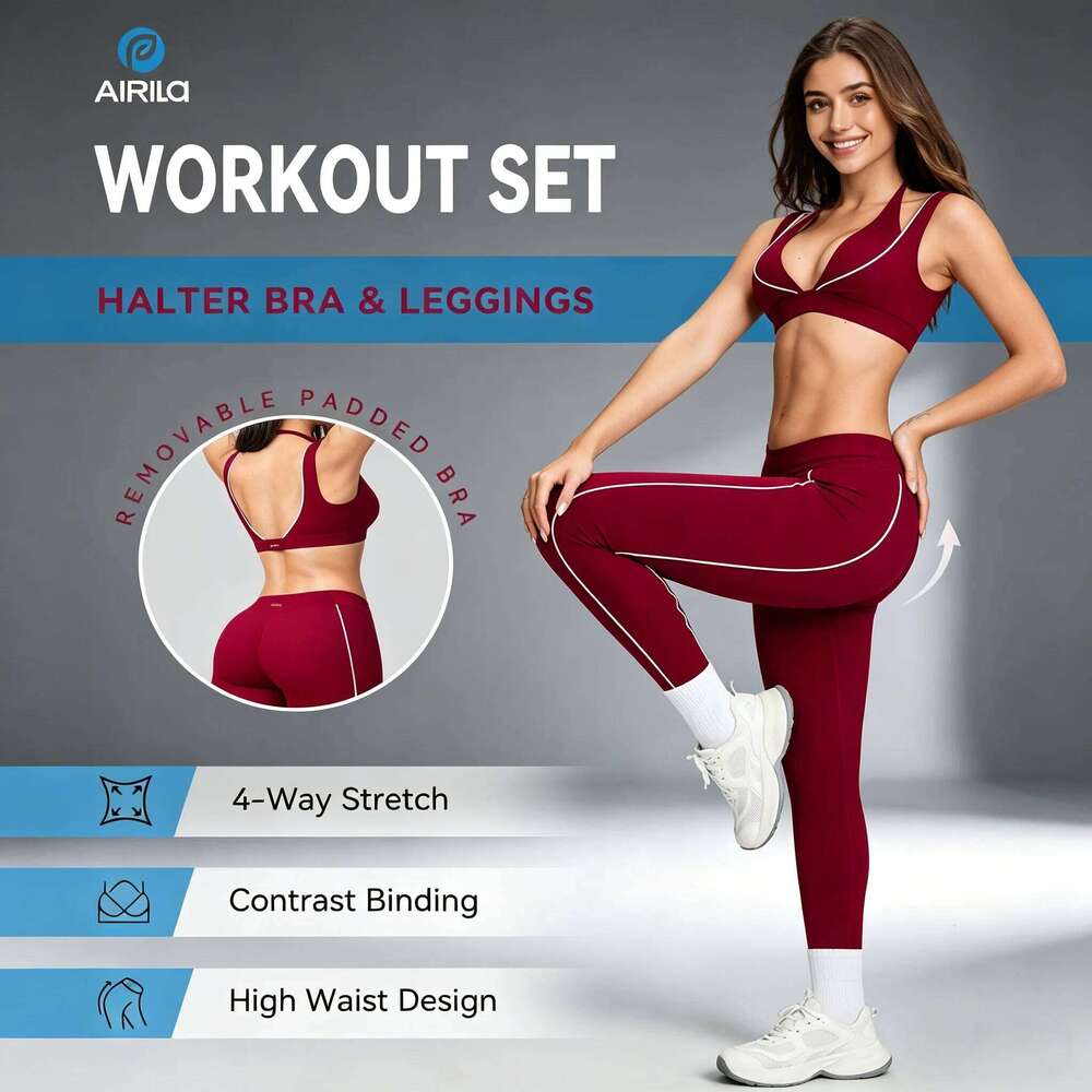 Airila Women's Sportswear 2-Piece Yoga Set Halter Neck Backless Sports Bra and High Waist Leggings Athletic Fitness Outfit Suitable 26L0612