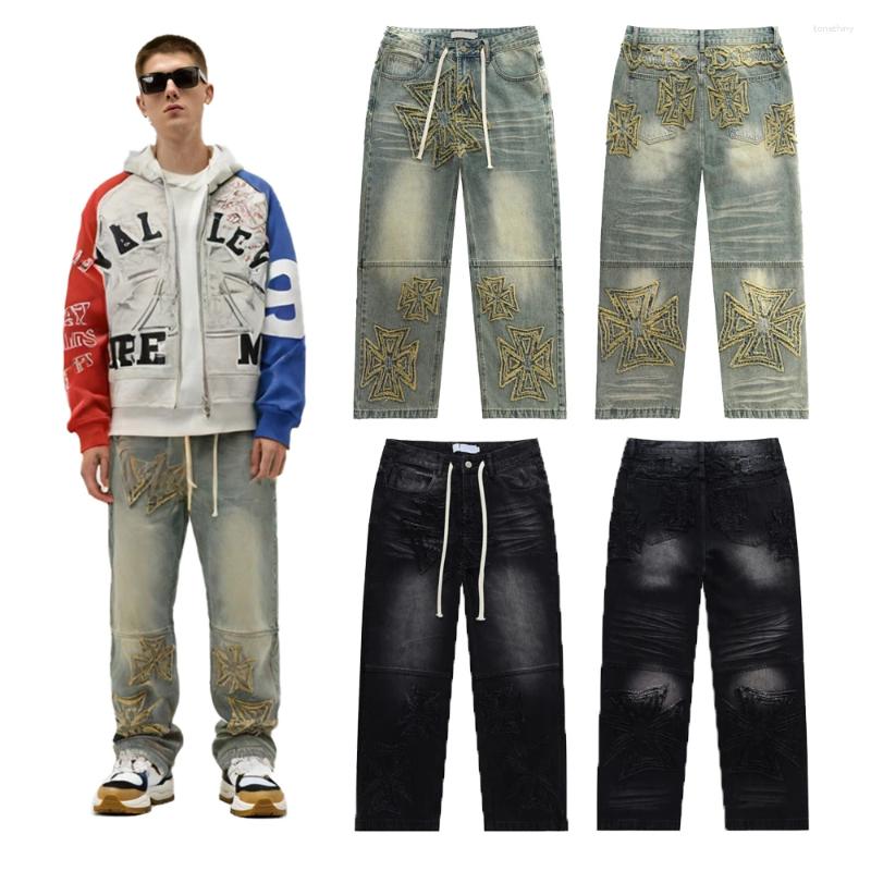 Men's Jeans Street Style Loose With Distressed Embroidery Y2k Hip Hop Clothing Wear Cotton Casual Rock Revivals For
