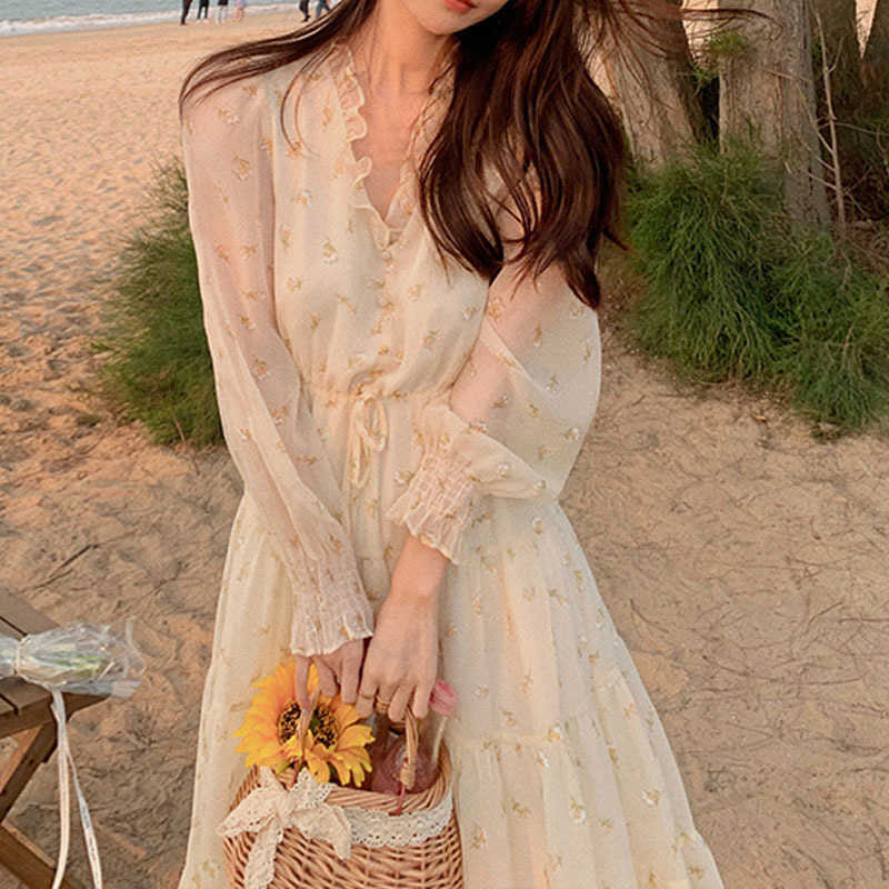 Dresses Casual V-neck Elegant Swt Dress Womens Long Slve Chiffon Flower Dress Party Beach Dress Womens Summer S260612