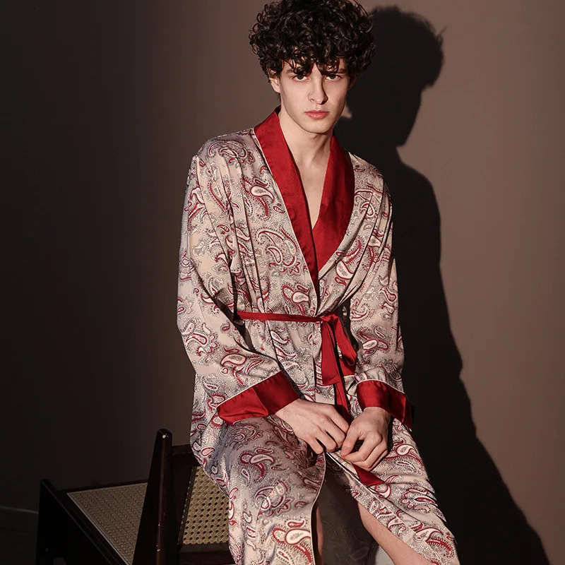High Quality Satin Pajamas Suit Male Summer Mens Bathrobes Ice Silk Thin Sleepwear Long Sleeve Robes Four Seasons Yukata 260611