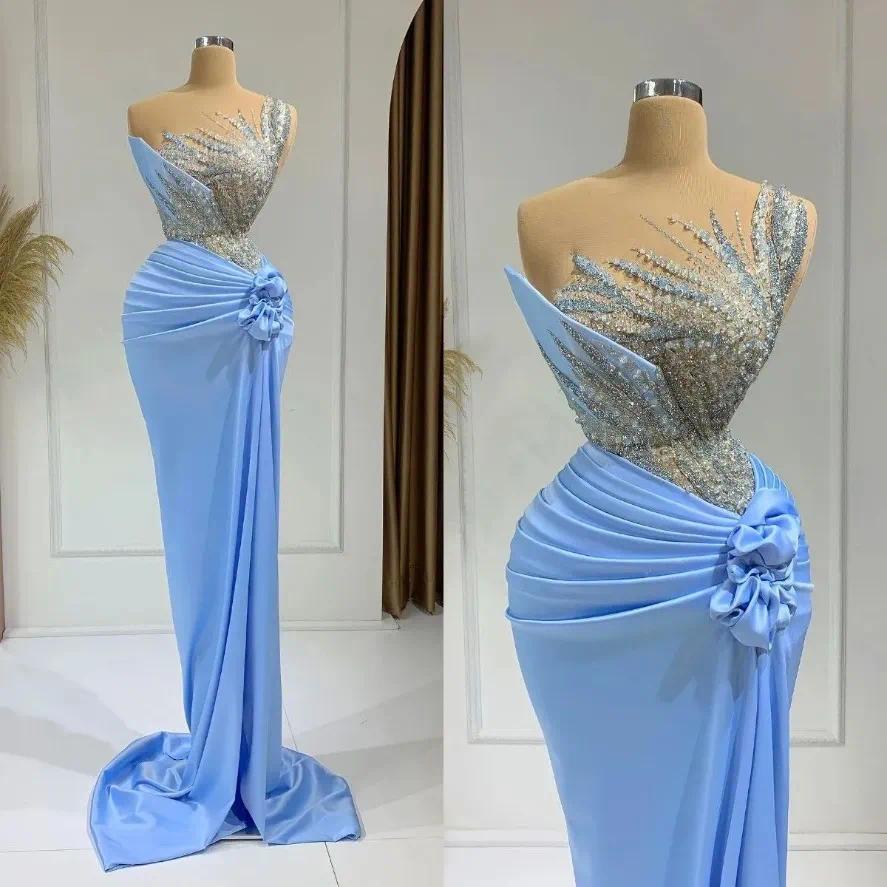 Luxury Blue Beading Prom Dress Mermaid Formal Long Evening Dresses Flowers Speacial Occasion Party Women Custom Made