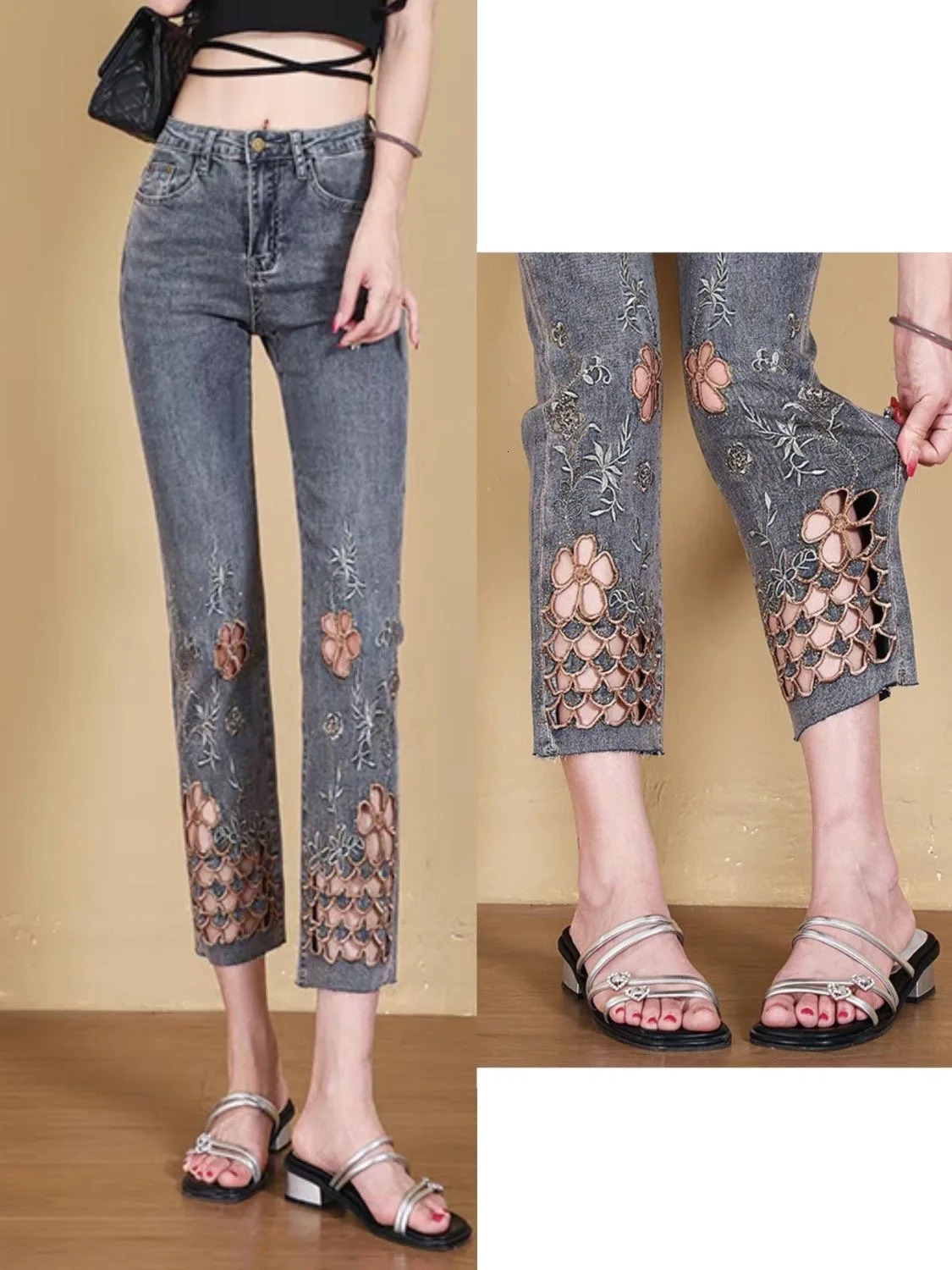 Y2K Denim Jeans Korean Style Womens Pants Straight Leg Elastic Eight Points Brick Pattern Slimming High Waist Hollow Embroidery 260612