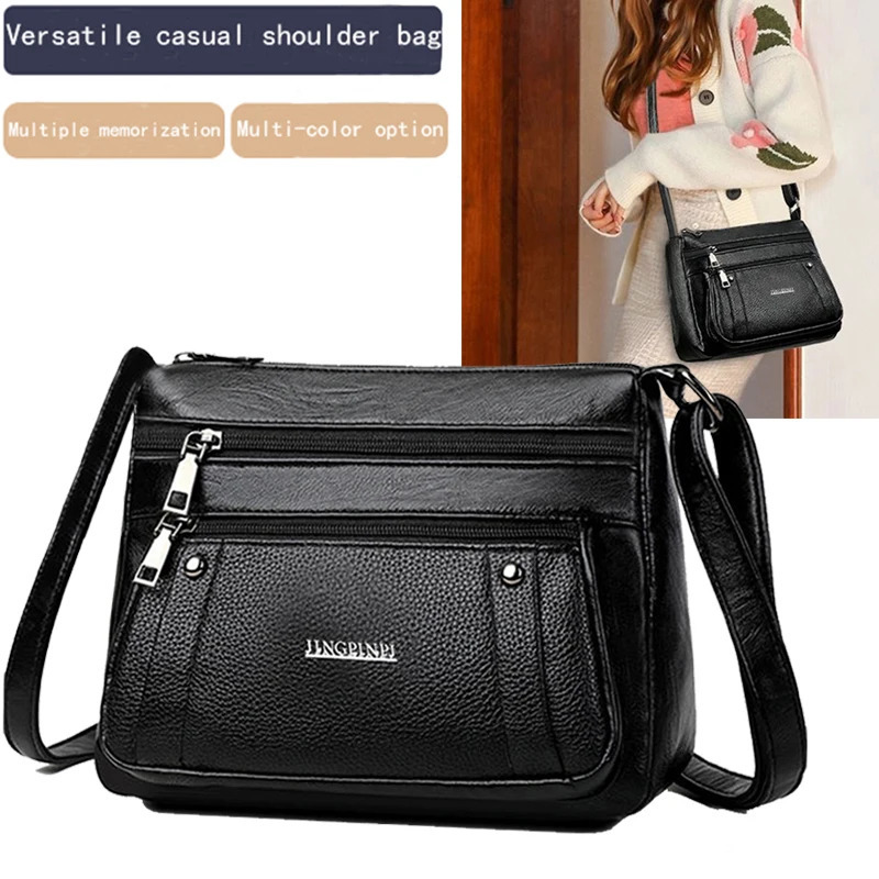 Fashion Womens Black Faux Leather Crossbody Bag Multi-Zipper Pockets for Daily Outings Commute Stylish Durable Casual Bag 260610