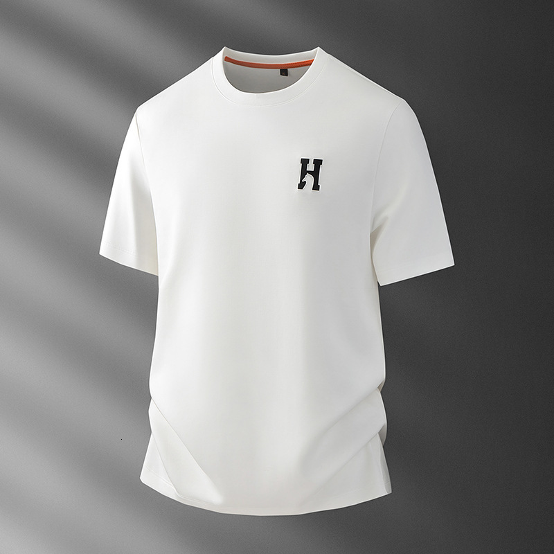 Luxury Brand Designer Men White Embossed Leather Patch Logo Crew Neck T Shirt Cool Touch Skin-friendly Short Sleeve Summer Casual Stylish Breathable