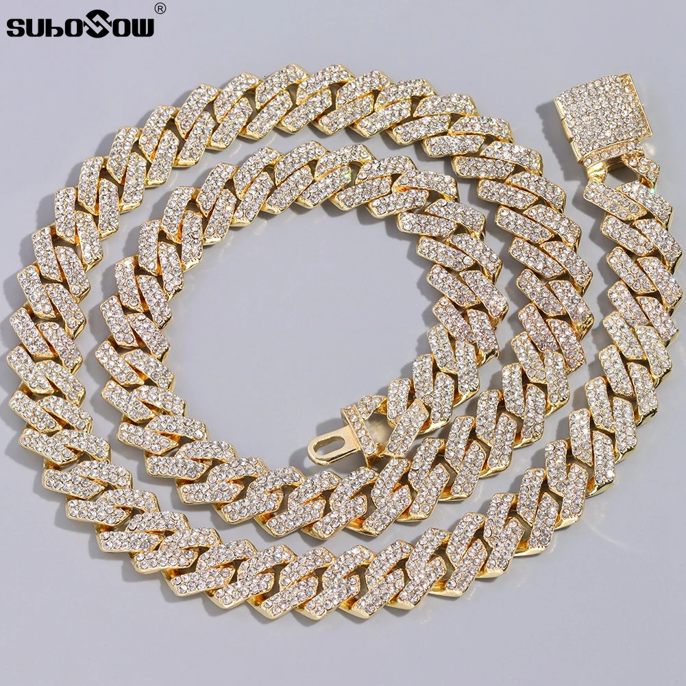 HipHop Men Women 14MM Prong Cuban Link Chain Necklace Bling Iced Out 2 Row Rhinestone Paved Miami Rhombus Cuban Necklace Jewelry 260610