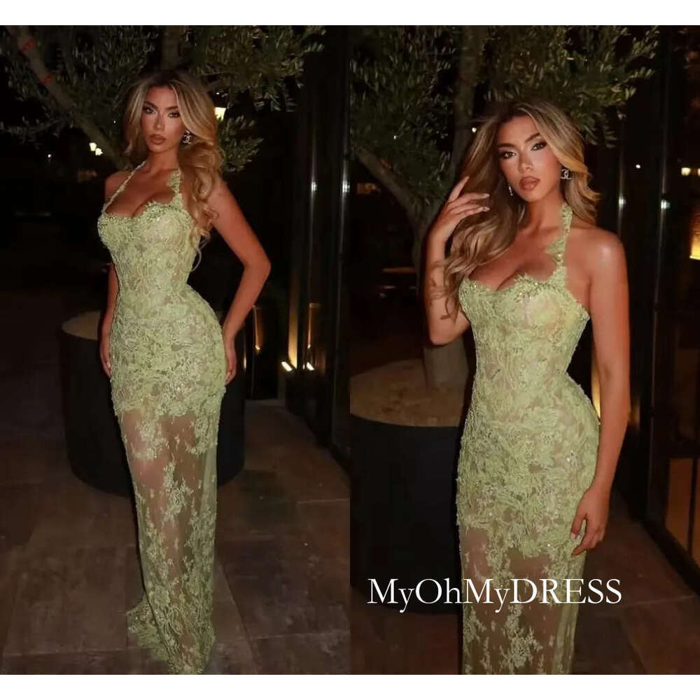 2026 Customized Sage Green Chic Lace Mermaid Prom Dresses Aso Ebi Halter Neckline Sleeveless Women Special Occasion Evening Gowns See Through Vestid
