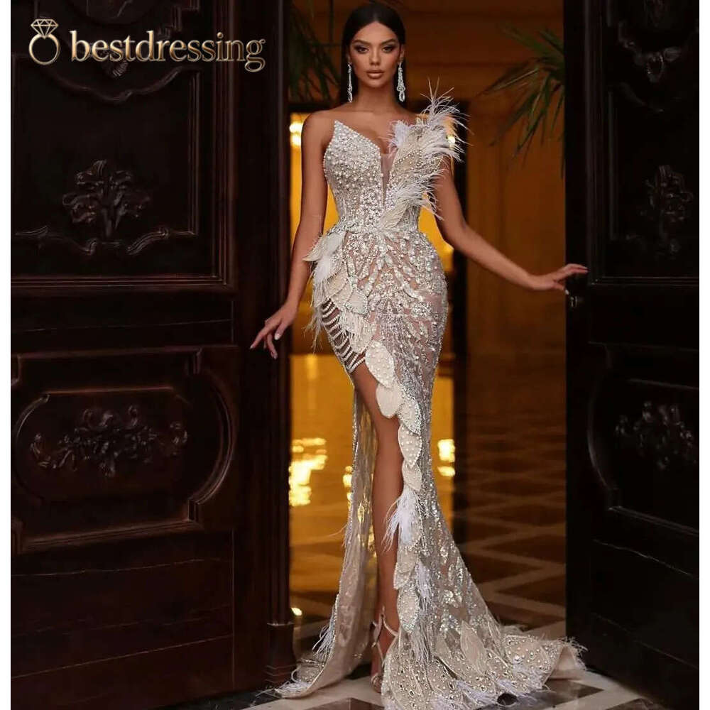 Sexy Mermaid Prom Sleeveless V Neck Appliques Sparkly Sequins 3D Lace Leaf Hollow Beaded Floor Length Side Slit Feather Evening Dresses Plus Size Cu
