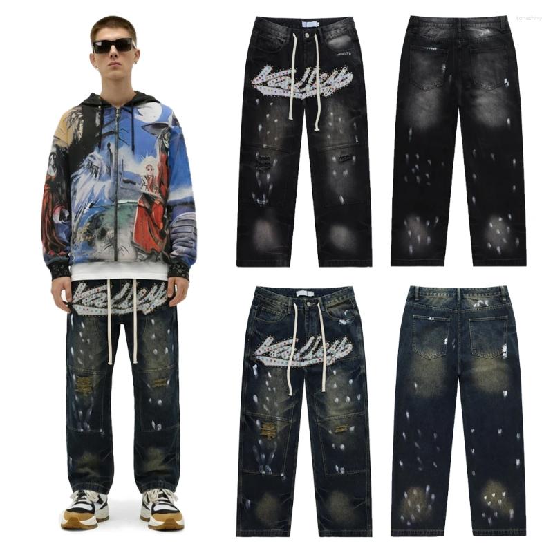 Men's Jeans Streetwear Clothing Loose With Color Rhinestones Y2k Hip Hop Street Style Cotton Casual Rock Revivals