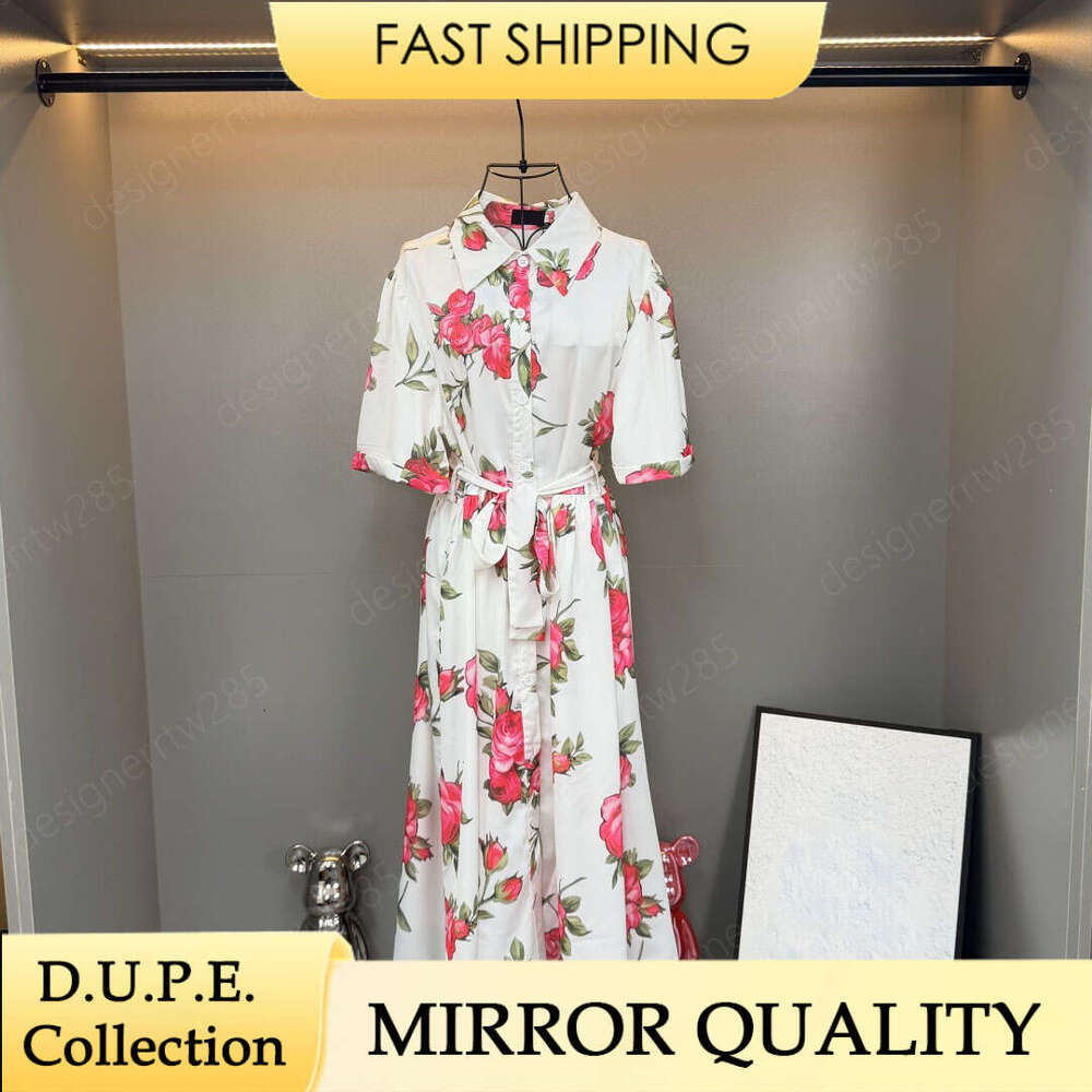 Designer White Rose Print Shirt Dress with Waist Belt Short Sleeve Midi Dress for Women Elegant Summer Floral Outfit Designer Inspired Casual Wea-image-1110303922
